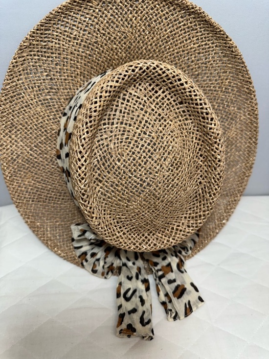 Women Panama Honeycomb Woven Straw Sun Hat Leopard Scarf Trim Natura Made In USA